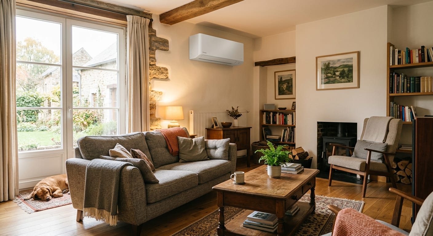 Intérieur d'un salon chaleureux et lumineux en Wallonie avec une unité moderne de pompe à chaleur air-air fixée au mur