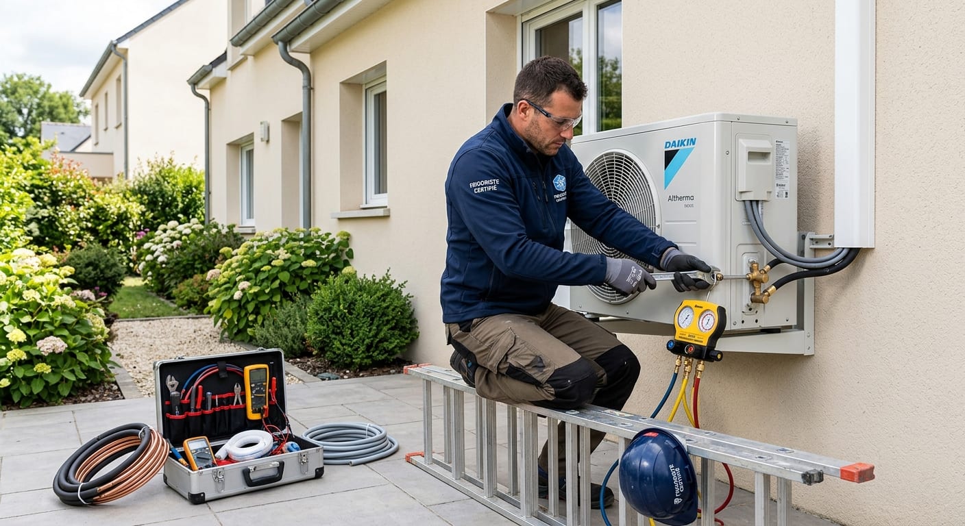 Un technicien frigoriste certifié installant une unité extérieure de pompe à chaleur avec des outils professionnels sur la façade d'une maison